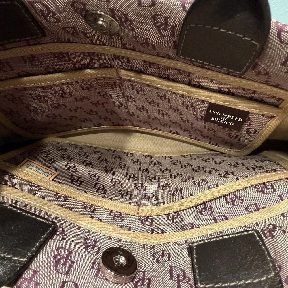 Dooney & Bourke Signature Canvas Satchel Logo Bag Double Leather Handles Tassels